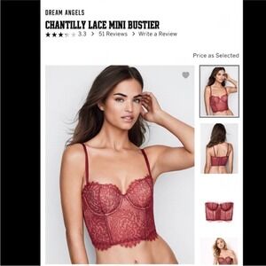 NWT‎ Victorias Secret Dream Angels Chantilly Lace Bustier Red Bra burgundy 36DD